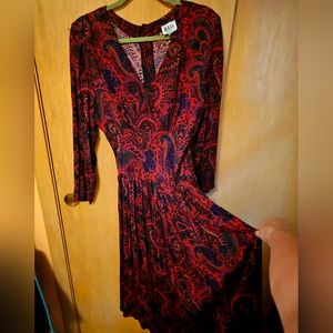 Vintage 70s Paisley Dress Size 14 Red Blue Boho